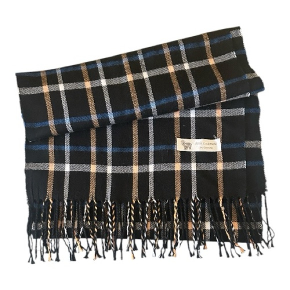 100% Cashmere Black and Blue Plaid Scarf with Fringe
